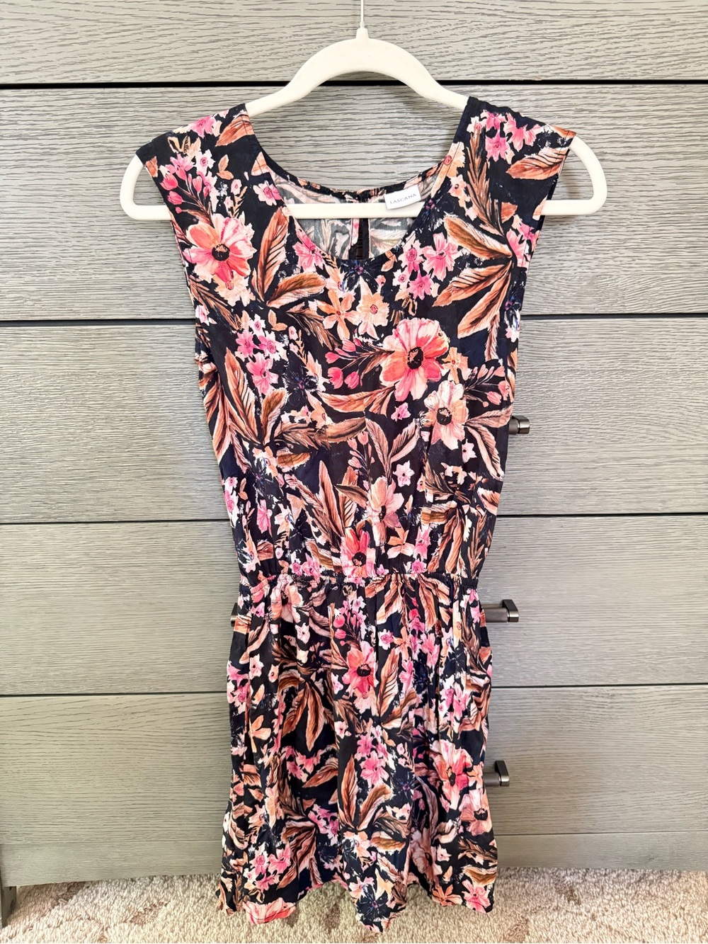 Sleeveless Navy Floral Midi Dress with Pink Accents